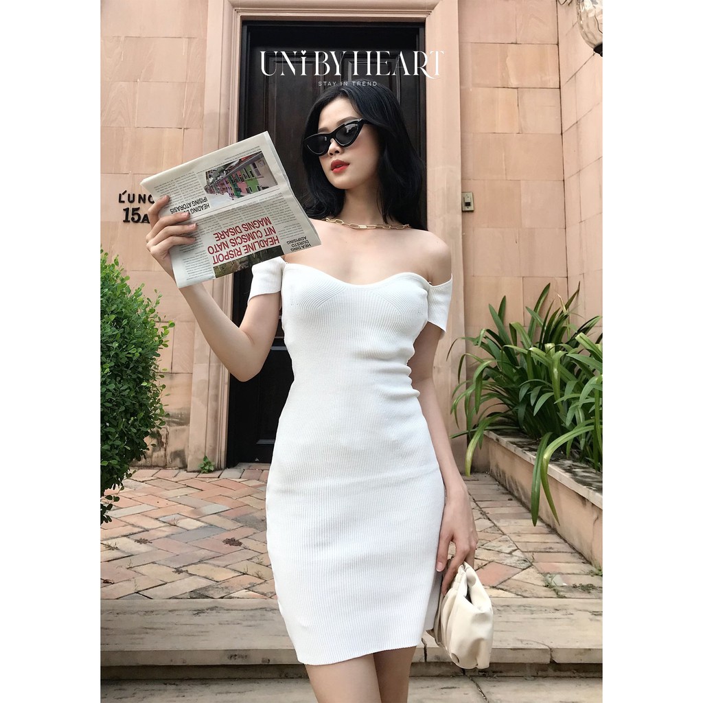 [Mã SKAMA06 giảm 8% tối đa 50K đơn 250K] Váy trễ vai nữ Lisa Dress VBD016 ôm body, vải len tăm co giãn - Uni By Heart | BigBuy360 - bigbuy360.vn