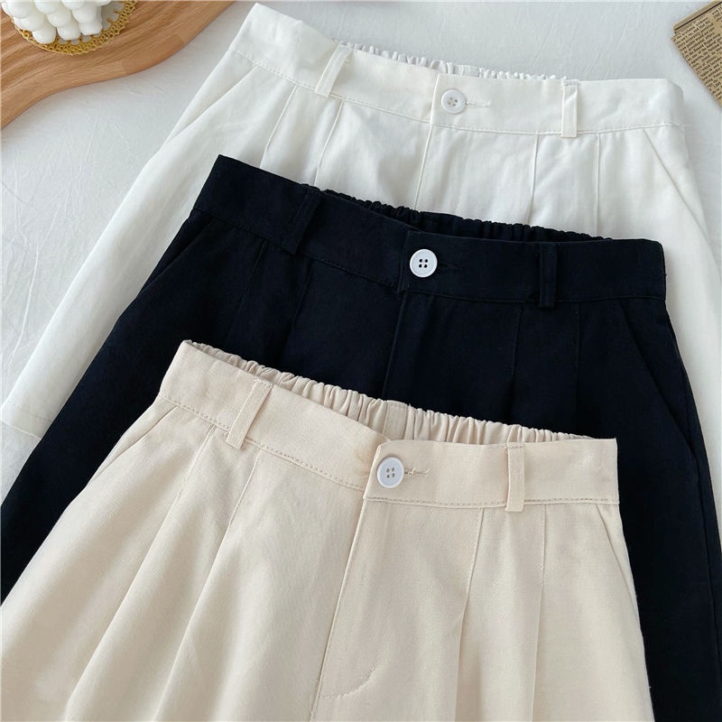 COZOK Quần Short Lưng Cao Ống Rộng Màu Sắc Trơn Phong Cách Hàn Quốc