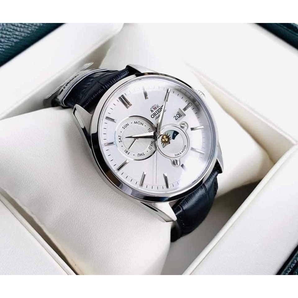 Đồng hồ Nam Orient Sun Moon 5 RA-AK0305S00C/RA-AK0305S10B Size 42mm,Mặt trắng,Lịch-Máy cơ tự động-Dây da đen cao cấp