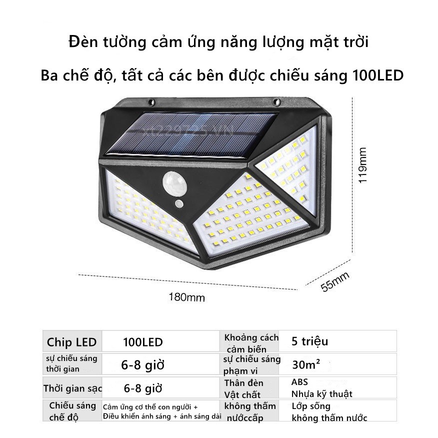 Ba chức năng 30 100LED Cảm biến ánh sáng mặt trời trên tường Ánh sáng sân vườn Ánh sáng năng lượng mặt trời Ánh sáng LED Ánh sáng ngoài trời Ánh sáng tường không thấm nước Đèn LED cung cấp ánh sáng điểm