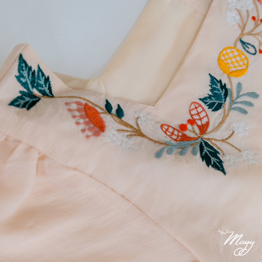 Áo kiểu nữ sang chảnh MAYY FASHION tơ be cổ vuông thêu hoa Nhật Hạ