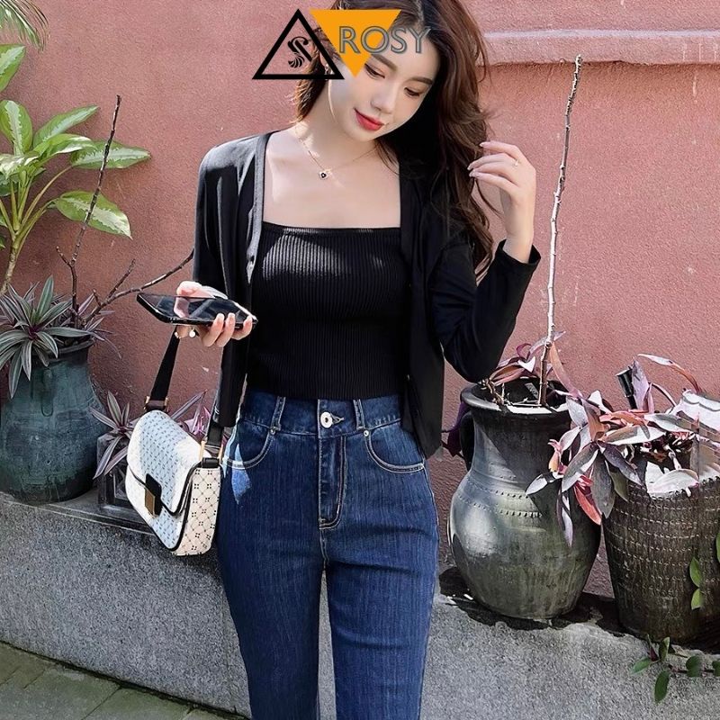 Set áo croptop 2 dây có khoác ngoài chất co giãn siêu xinh cho chị em