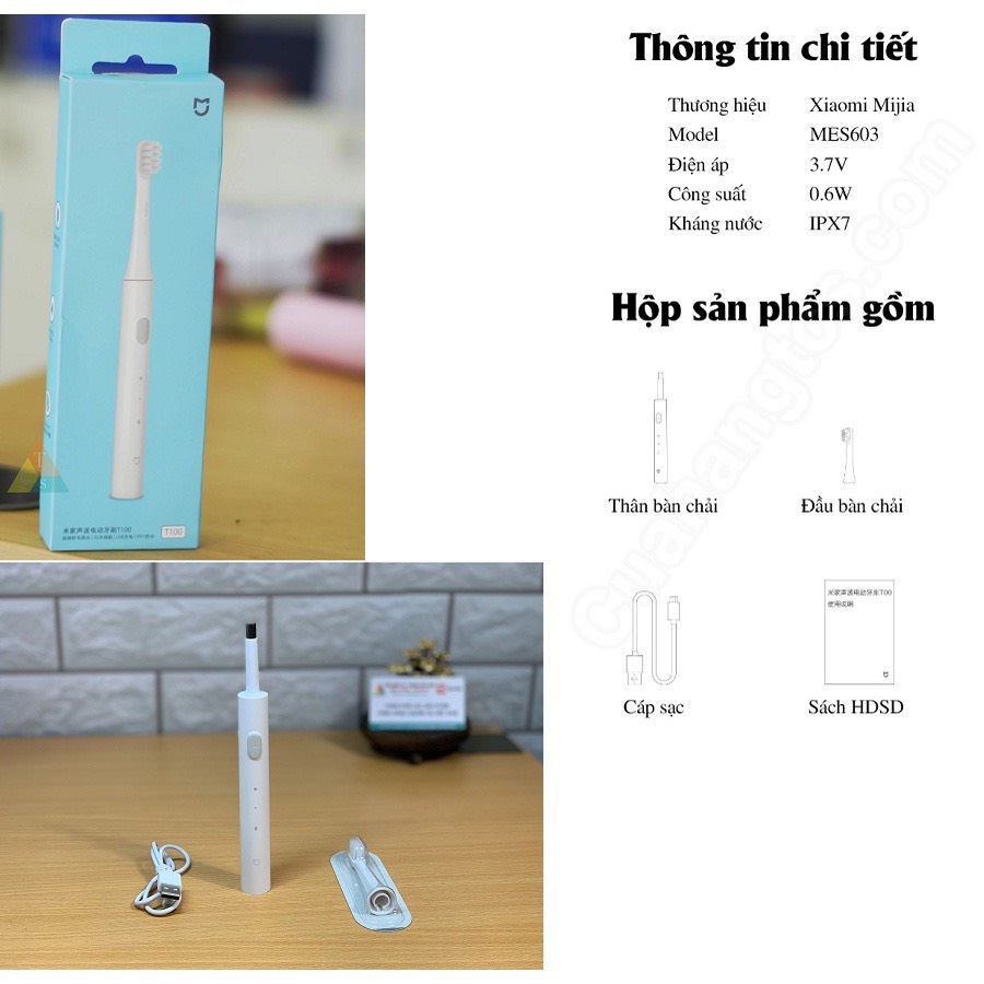BÀN CHẢI ĐIỆN THÔNG MINH XIAOMI MIJIA T100ư CHỐNG NƯỚC IPX7, NHỎ GỌN 46G