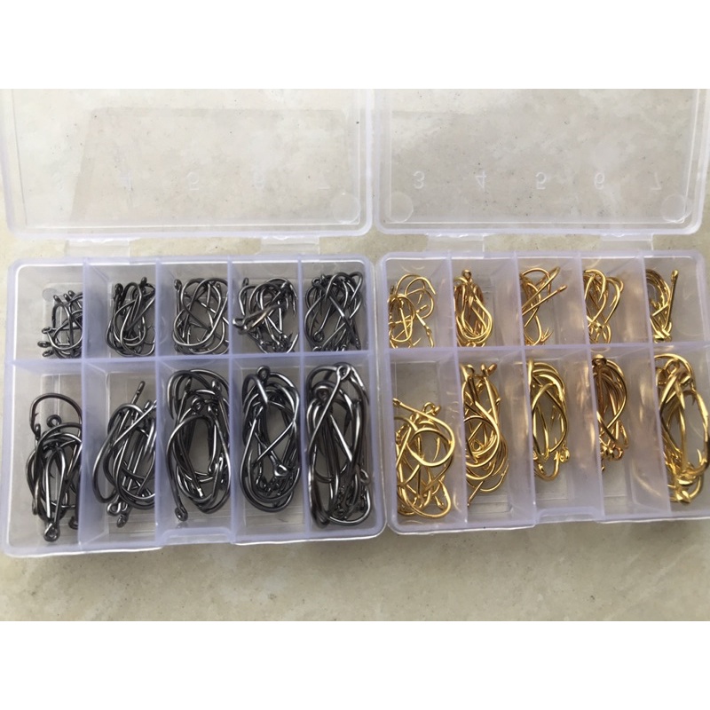 Hộp 100 lưỡi câu carbon câu cá siêu nhạy đủ size 3-12
