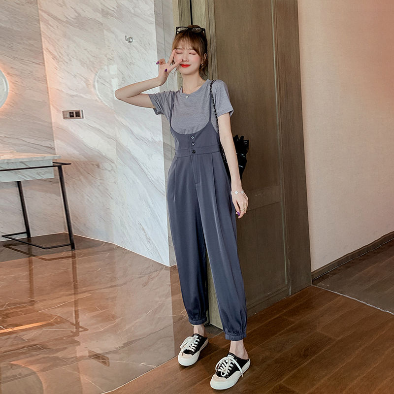 Set Áo Thun Ngắn Tay Cổ Tròn + Quần Dài Ống Rộng Thời Trang Nữ