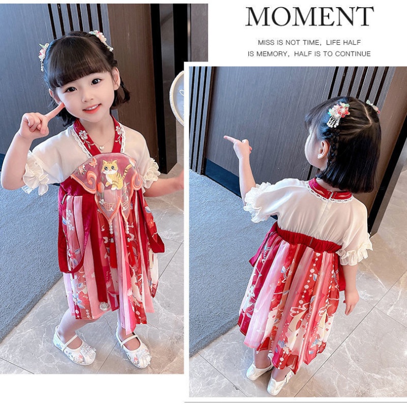 Đầm Hán Phục Tay Ngắn Thêu Họa Tiết Phong Cách Trung Hoa Xinh Xắn Cho Bé Gái