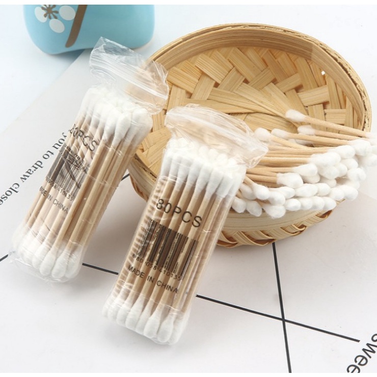 Hộp 30-100 Tăm Bông cotton Hai Đầu Thân Gỗ Dùng Cho Trang Điểm Em Bé