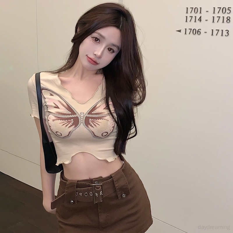 Áo Croptop Ngắn Tay Cổ Chữ V Họa Tiết Bướm Gợi Cảm Cho Nữ