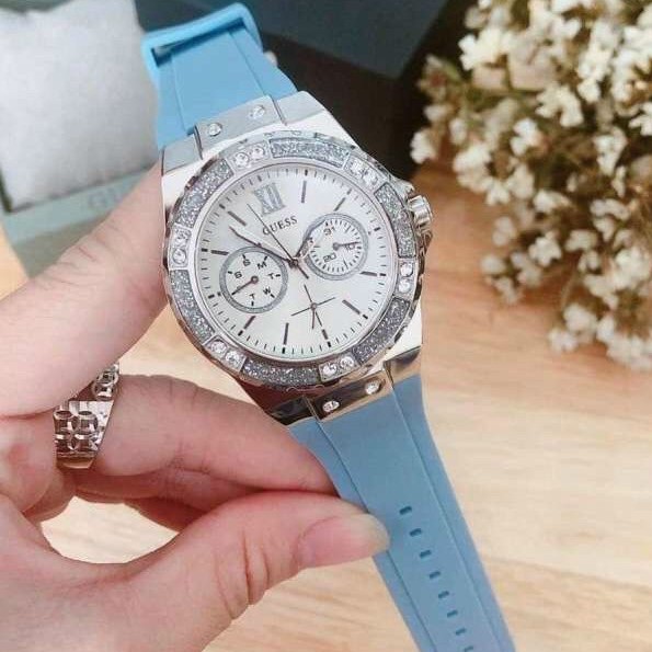 Đồng hồ nữ Guess dấy silicon, viền đính kim cương, hàng full box, thẻ bảo hành 12 tháng - Dongho.guess
