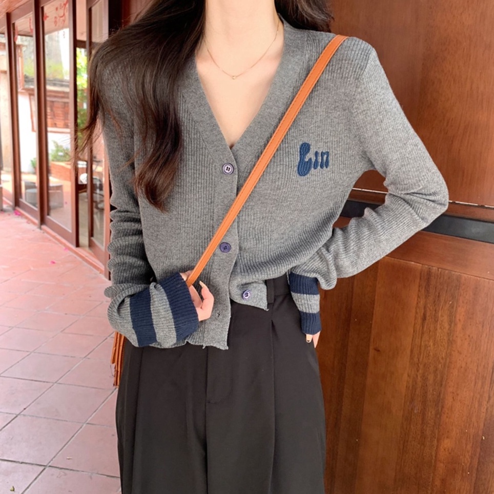 Áo khoác cardigan dệt kim ZHELIHANGFEI tay dài cổ V họa tiết thêu đơn giản dễ phối đồ