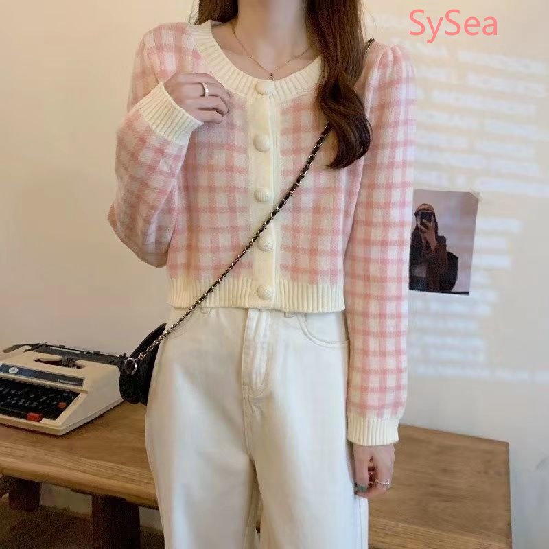 Áo Khoác Cardigan Dệt Kim Kẻ Sọc Caro Phong Cách Hàn Quốc Cho Nữ