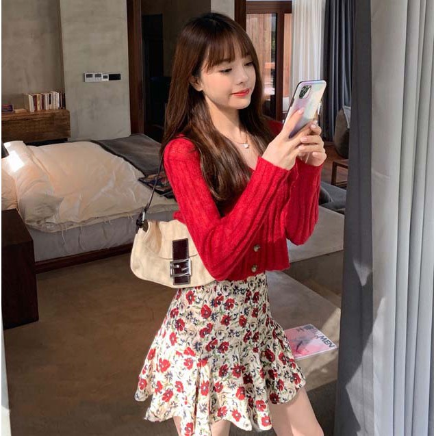 Chân Váy Hoa Nhí Nhún Vintage Dáng Ngắn Họa Tiết Hoa Nhí Hai Lớp Phong Cách Hàn Quốc V21 Chất Vải Voan Nhật 2 Lớp