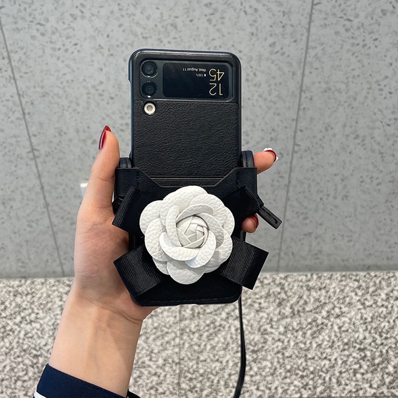 Bao Da pu Điện Thoại Nắp Lật Kèm Ngăn Đựng Thẻ Hình Hoa Trà Cho samsung galaxy z flip 5 4 3 flip4 flip3 5g