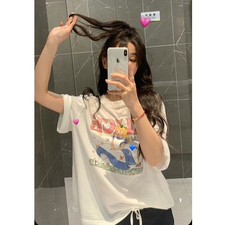 Áo Thun Tay Ngắn Cổ Tròn Dáng Rộng In Họa Tiết Hoạt Hình Thời Trang Cho Nữ