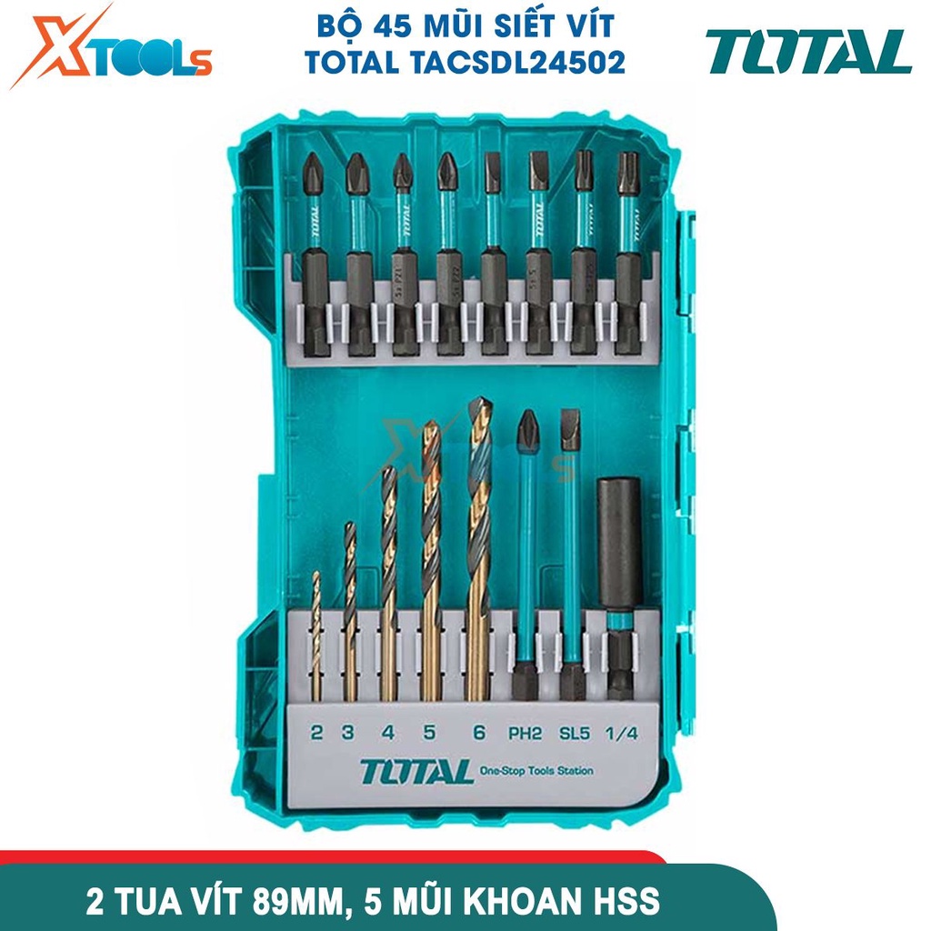 Bộ 45 mũi siết vít TOTAL TACSDL24502, bộ mũi siết vít 45 chi tiết gồm 8 tua vít 50mm 23 tua vít 25mm -CHÍNH HÃNG-XTOOLS