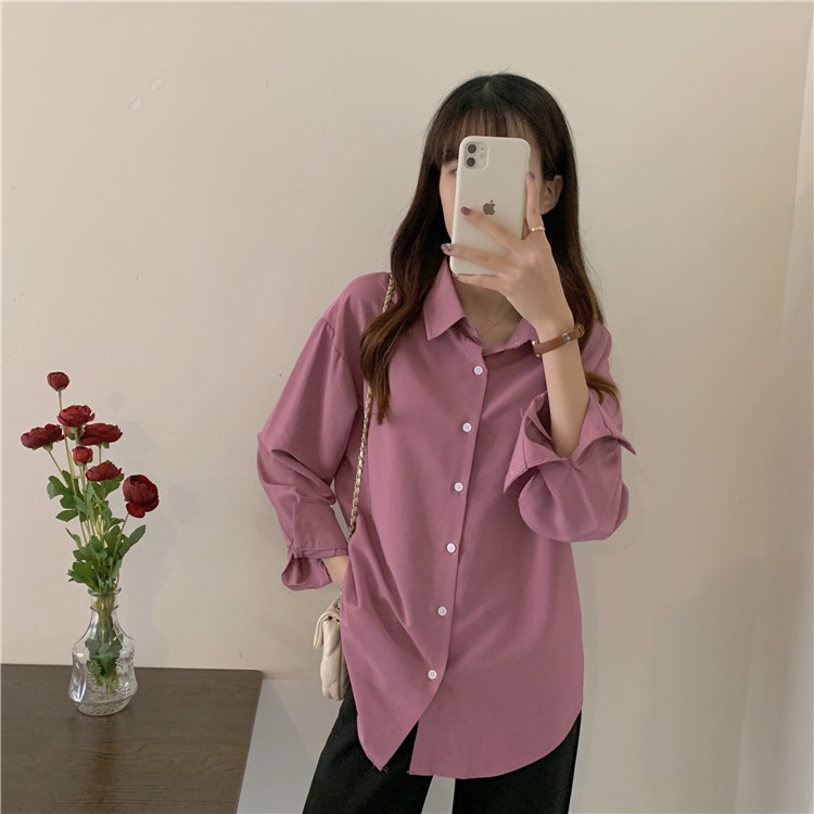 Áo sơ mi tay dài dáng rộng phong cách Hàn Quốc đơn giản trẻ trung