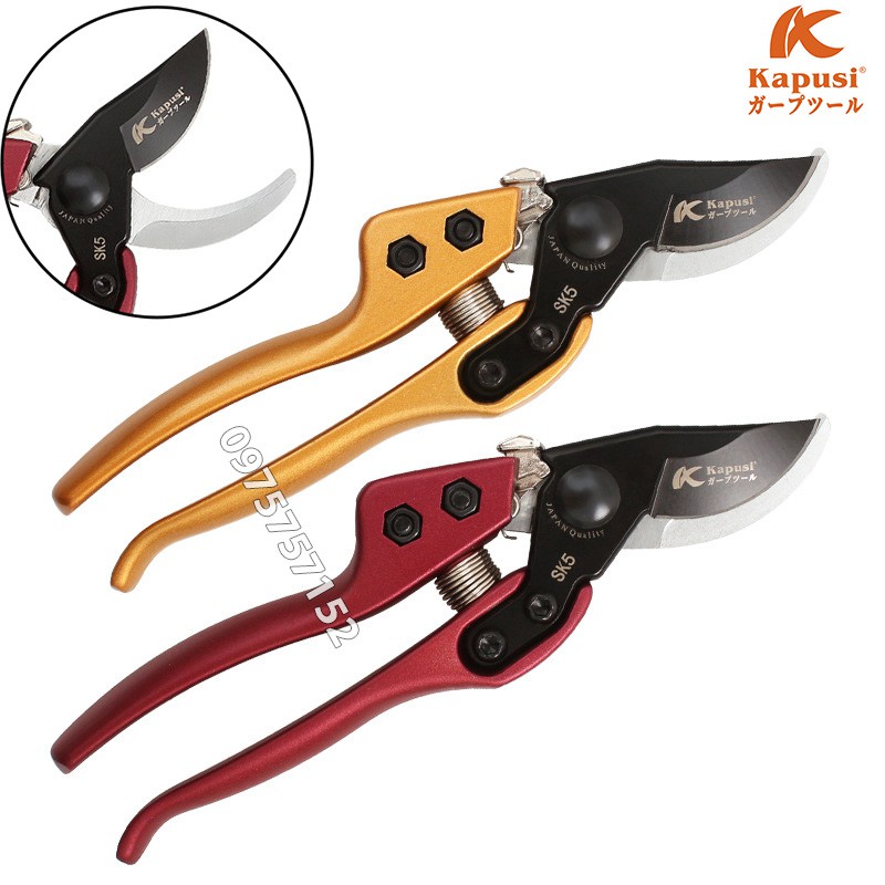 Kéo cắt cành lưỡi cong trợ lực Nhật Kapusi JAPAN thép SK5 siêu sắc phủ Teflon chống dính, cán hợp kim nhôm đúc siêu bền