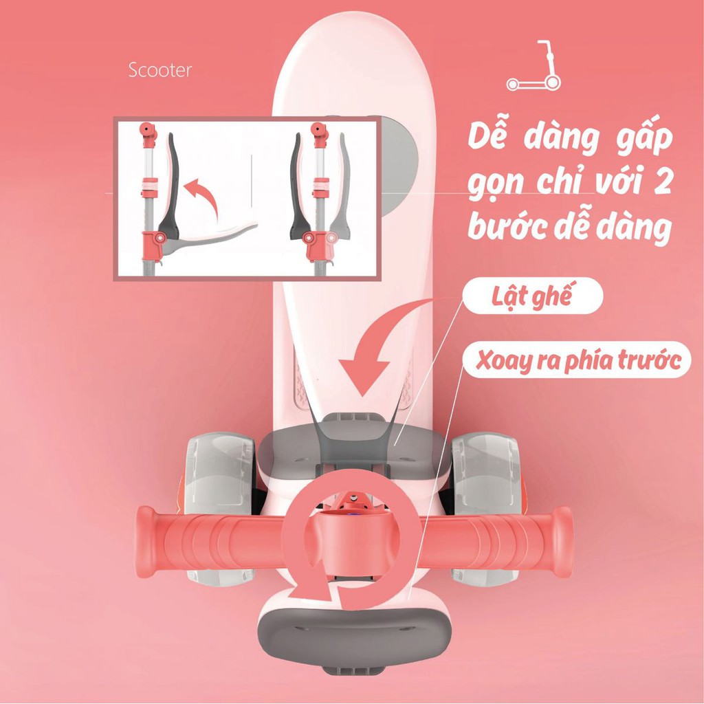 Xe scooter - xe chòi chân 2 trong 1 CAYABE Umoo bánh xe có đèn phát sáng màu hồng/ xanh