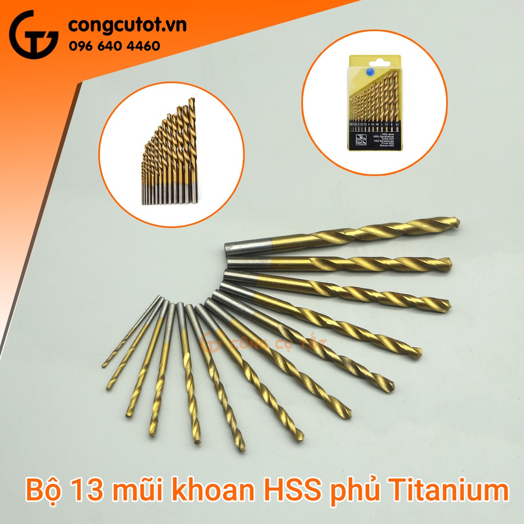 Bộ 13 mũi khoan chuôi tròn phủ titanium 1.5 - 6.5mm