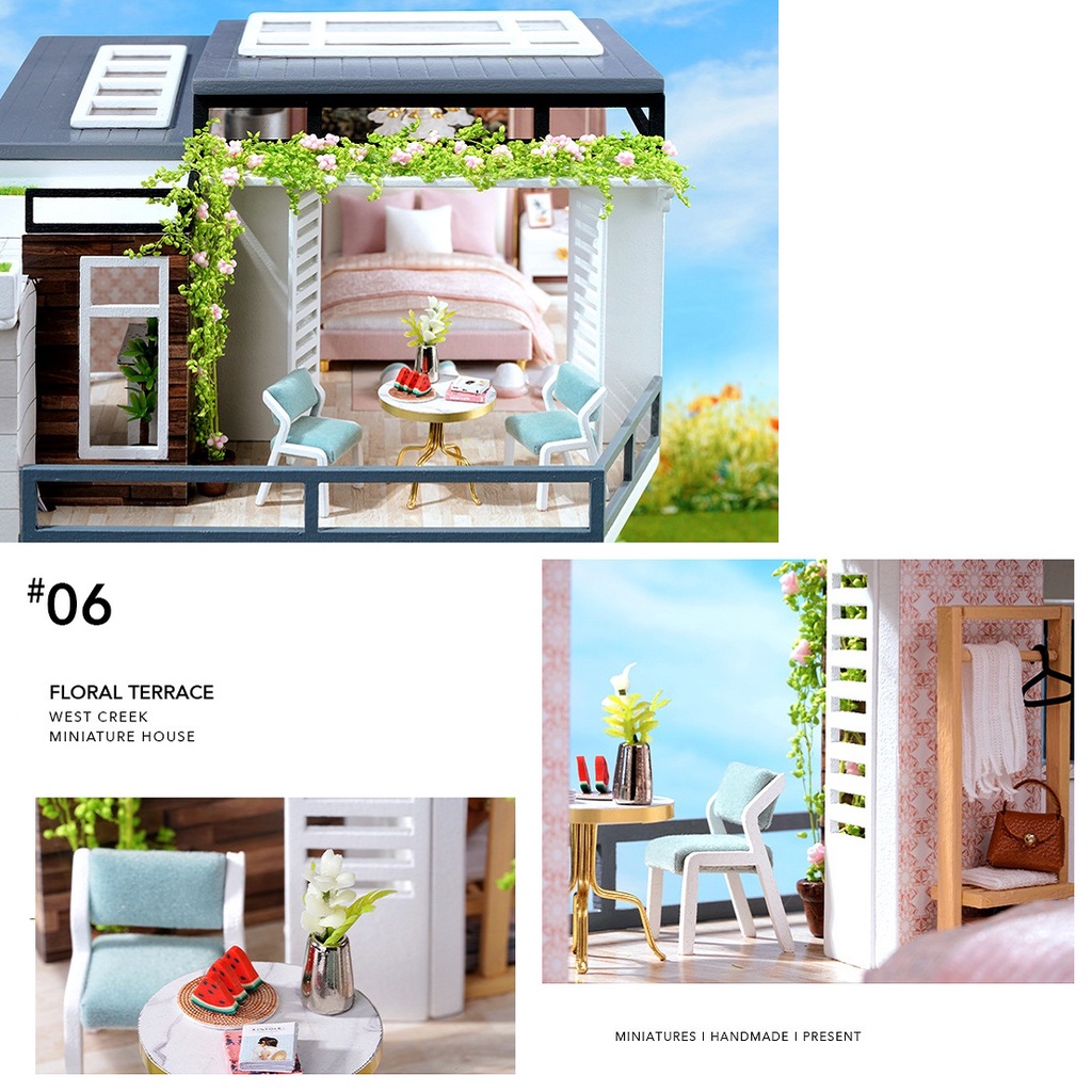 Nhà búp bê DIY Doll House Miniature Modern Green Garden Kèm TẤM CHE BỤI + KEO + CÓT Nhạc