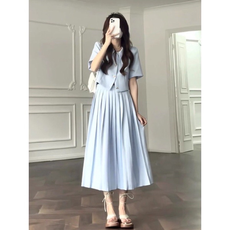 SET ÁO XANH CỔ SƠ MI + CHÂN VÁY XẾP LY MIDI