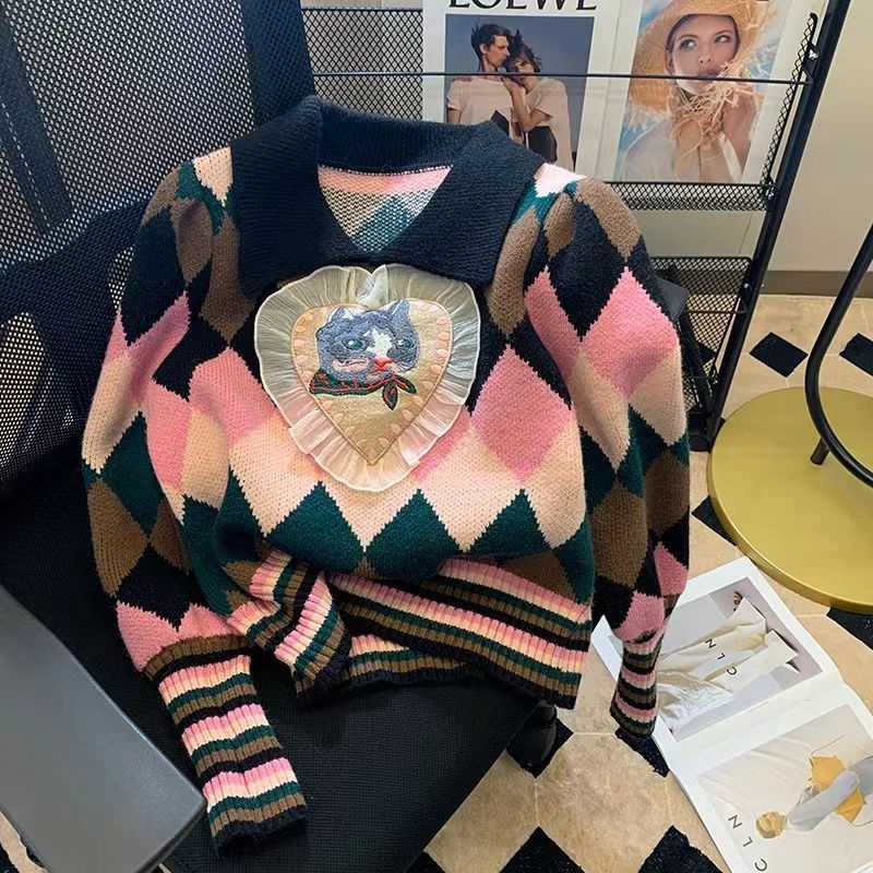 Áo Sweater Dệt Kim Cổ Bẻ Họa Tiết Mèo Đính Đá Kiểu Hàn Quốc Dễ Thương  tao bao