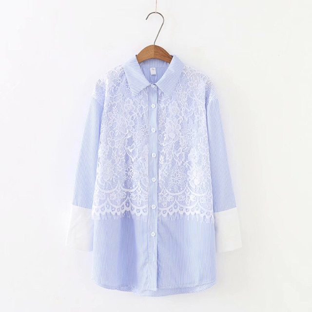 Áo sơ mi big size tay lỡ kẻ sọc phối ren size 3XL 75-85kg