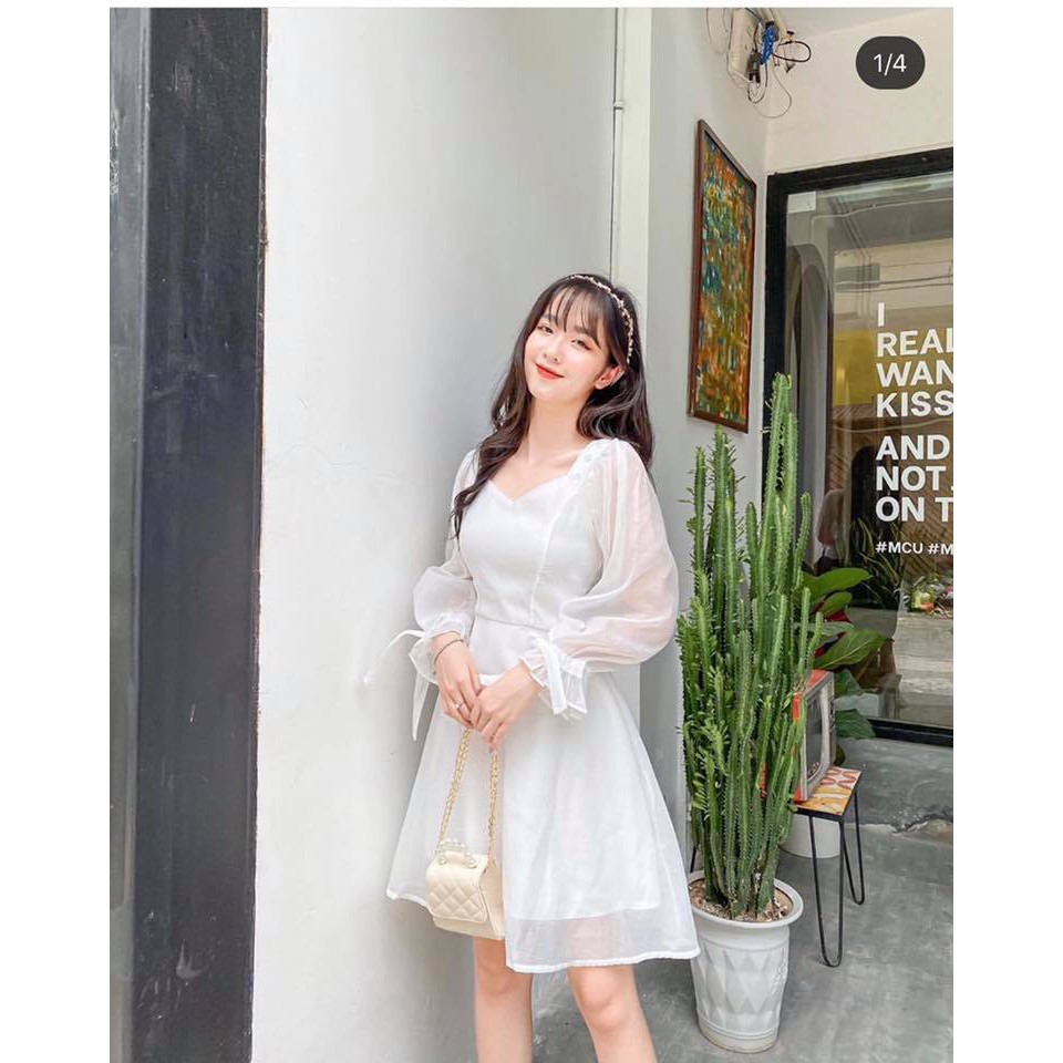 Đầm trắng dáng xòe cổ vuông 6 nút cườm vai tay nơ | BigBuy360 - bigbuy360.vn