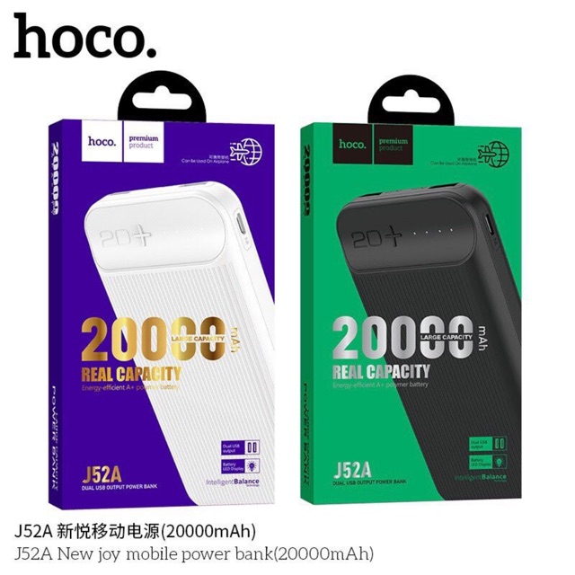 [ FREESHIP ]Pin sạc dự phòng HoCo J52A New joy 10000mAh  20000mAh Lõi Li- Polymer 2 cổng USB  Output max 2A-Chính hãng