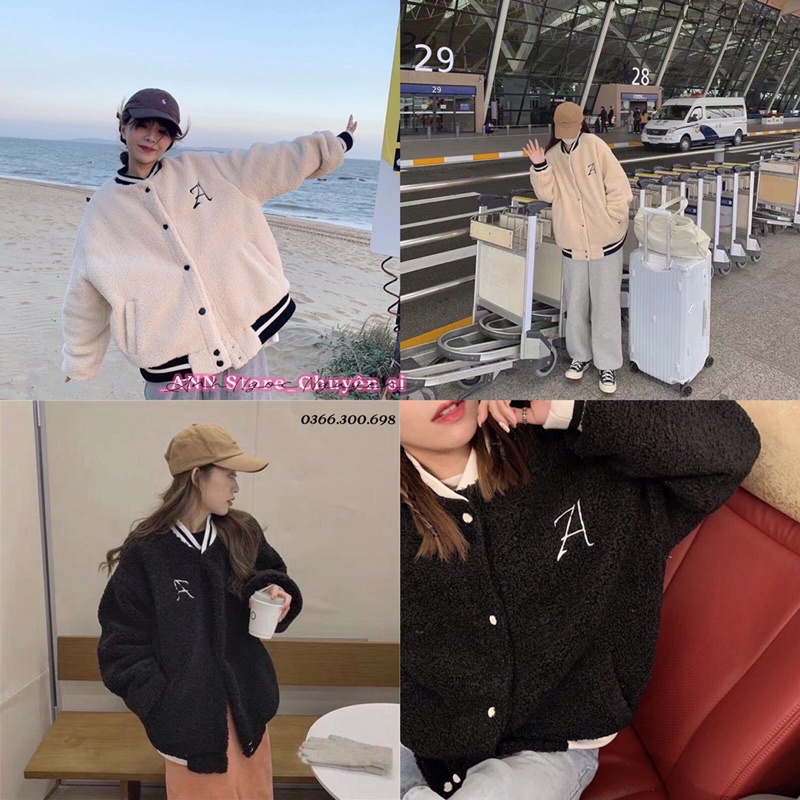 [Ảnh thật] Áo khoác bomber lông cưu thêu chữ (annstore)