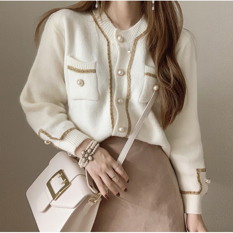 Áo Khoác Cardigan Dệt Kim Phối Lụa Đính Ngọc Trai Thời Trang Xuân Thu Cho Nữ