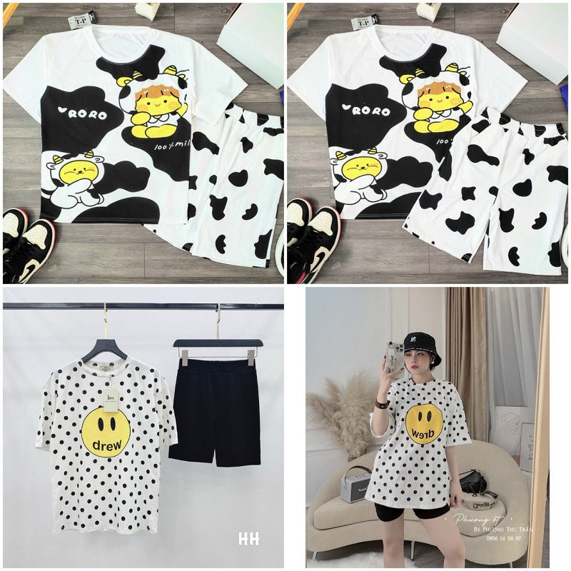 Set Đồ Bộ Nữ Bò Sữa RORO Cute💖FREESHIP RẺ ĐẸP💖Đồ Mặc Nhà Áo Thun Rộng Unisex Tay Lỡ Mặt Cười Chấm Bi Quần short Đùi-Suit