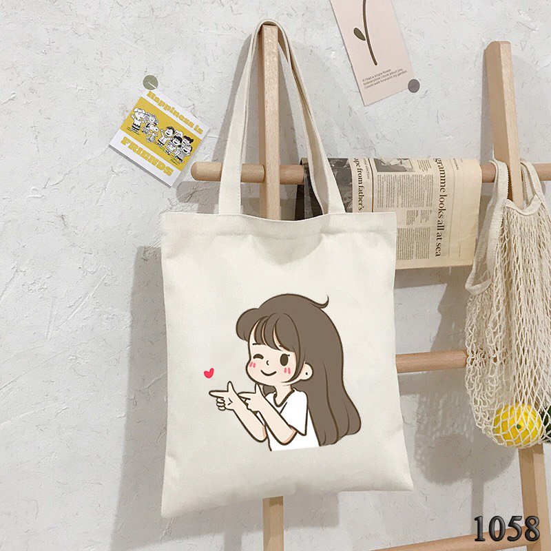 Túi Tote Túi Vải Canvas Trắng Đeo Vai Đi Học Đi Du Lịch 1058 In Hình Cô Bé Thả Tim Siêu Dễ Thương