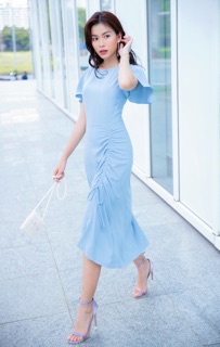 Đầm maxi blue tùng rút dây, váy du lịch dạo phố (kèm hình thật)