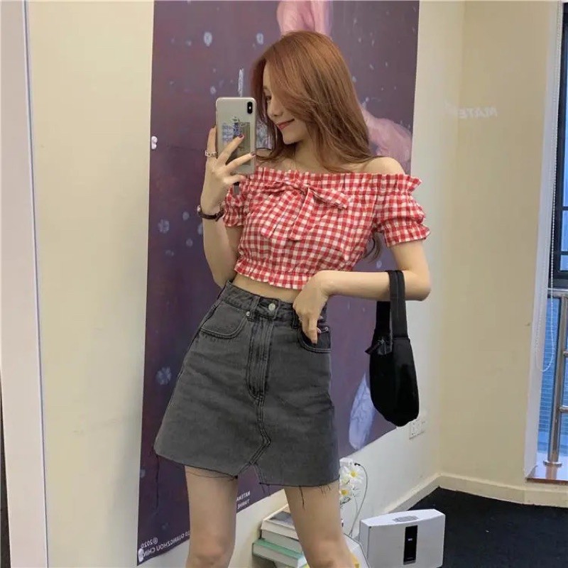 Áo trễ vai croptop nữ thắt nơ siêu xinh vải mịn - 2 ảnh mặc thật cuối