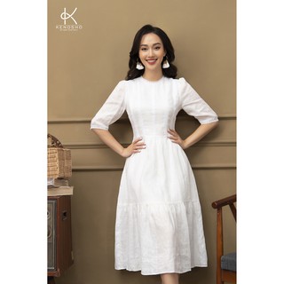 Váy Linen Nữ K115 - Đầm Đuôi Cá Cổ Tròn Thêu Ren Ngực Thiết Kế Thanh Lịch Cao Cấp