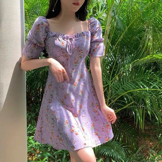 Váy trễ vai tím pastel hoa nhí dáng chữ A