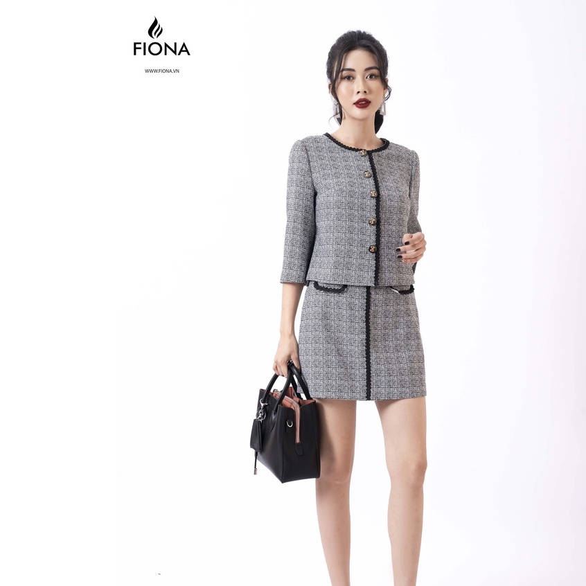 Chân váy dạ thu đông FIONA, chân váy chữ A ngắn, chân váy công sở cao cấp kẻ đen trắng kê dây trang trí F250510