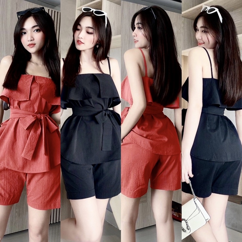 (Có size lớn) Set bộ 2 dây kiểu dáng peplum thắt nơ eo phối quần short ngắn LỤA LINEN cho bạn nữ dạo phố