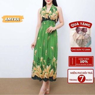 Đầm trung niên maxi hoa đi biển lanh thái mặc siêu mát AMYRA - Váy maxi dài đi biển cho mùa hè, đi chơi cho mẹ MX005