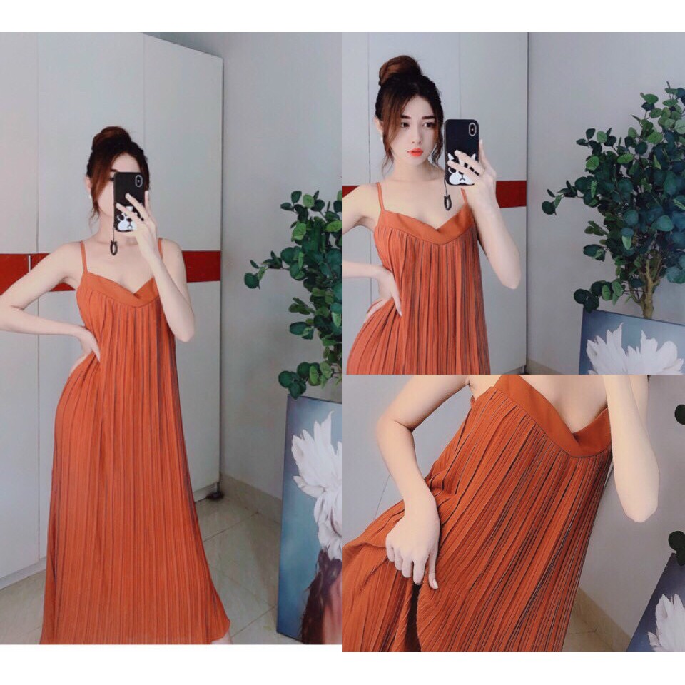 Đầm Suông hai dây dập ly cổ tim (bầu bí bon chen thoải mái) + Ảnh, clip thật