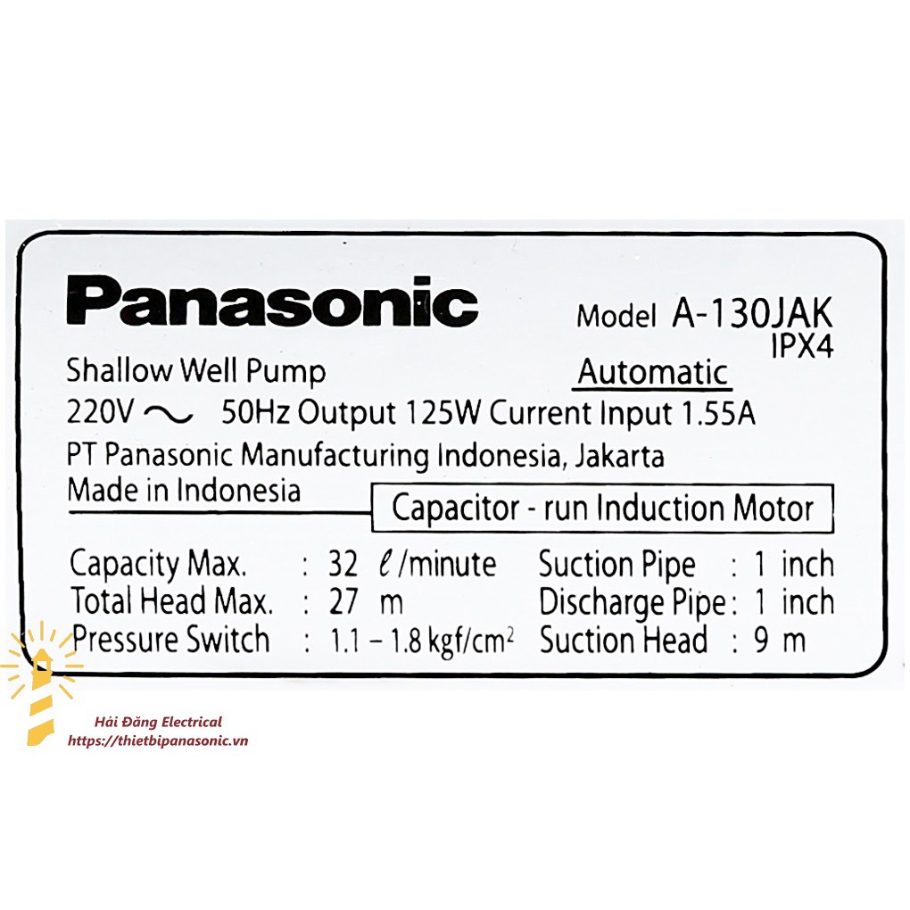 Máy bơm Tăng Áp Panasonic - A-130JAK - Công suất 125W - Nhập khẩu Indonesia - Bảo hành chính hãng Panasonic 12 tháng