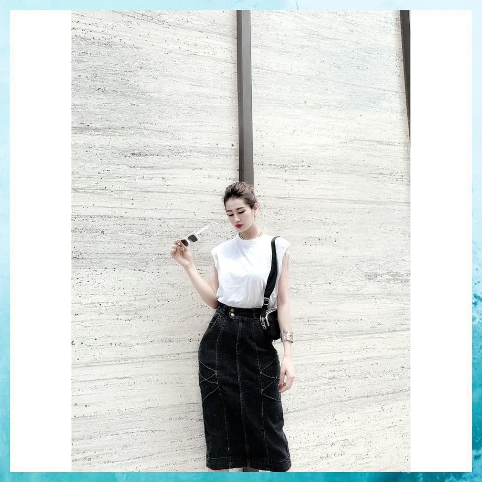 [TH Jeans] Váy bò trơn dáng dài qua gối, váy jeans lưng cao túi chéo phối gân, 2 khuy. Mã V0140