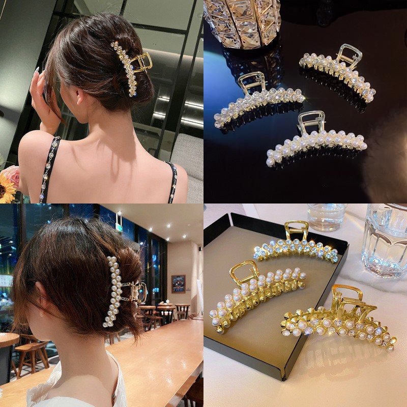 Kẹp tóc kim loại đính ngọc trai giả thời trang phong cách Hàn Quốc