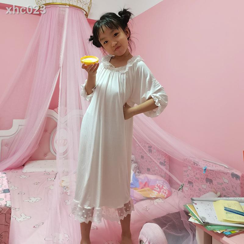 ▧Đầm Ngủ Lụa Dài Tay Phối Ren Xinh Xắn Theo Phong Cách Xuân Thu Dành Cho Bé Gái