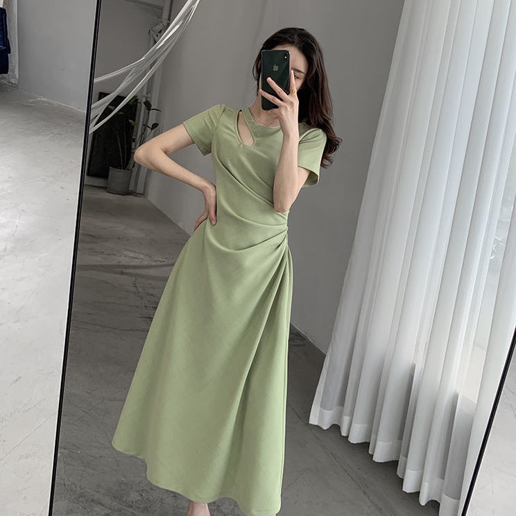 Đầm dài tay ngắn màu xanh lá phong cách Pháp thời trang mùa hè mới cho nữ | BigBuy360 - bigbuy360.vn