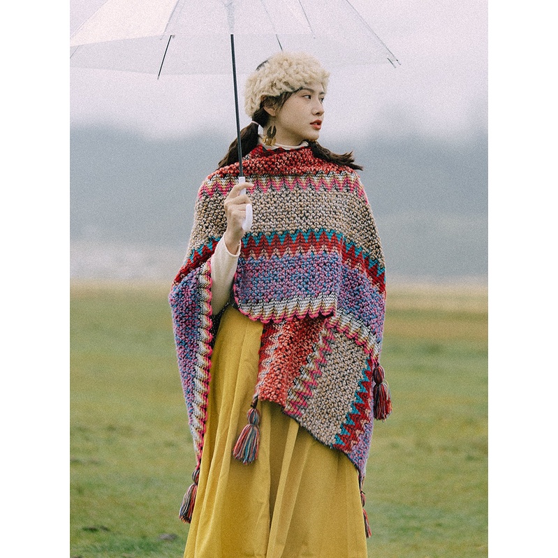 Khăn áo choàng boho thổ cẩm nữ mùa thu đông kiểu khoác ngoài chất len móc dày ấm 106*135cm - AC0201 The Collar Box
