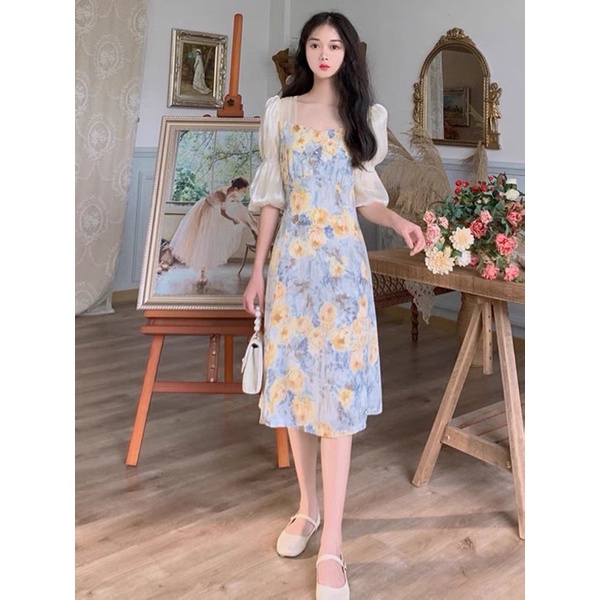 Đầm chiffon nữ in hoa tay bồng nhún nhẹ nhàng M50 | BigBuy360 - bigbuy360.vn