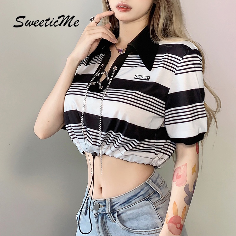 Áo Croptop Cổ Polo Màu Sắc Tương Phản Thời Trang Dành Cho Nữ