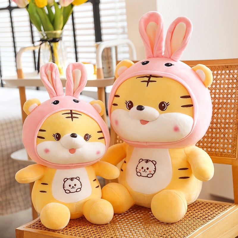 Gấu Bông Hổ Tai Thỏ siêu đáng yêu, Cọp Vàng đội nón Thỏ. Vải Miniso co giãn 4 chiều 100% Gòn